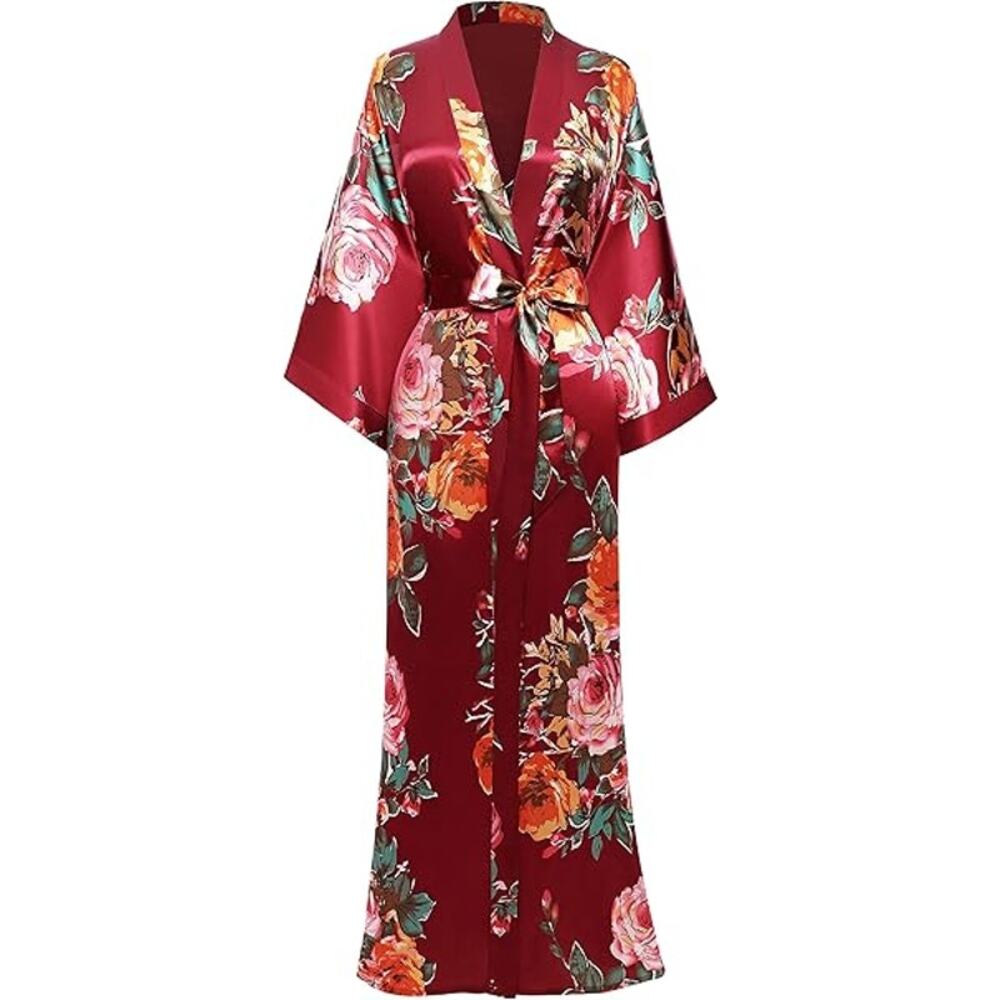 NWOT Babeyond Satin Kimono Robe Dressing Gown Wine Red One Size